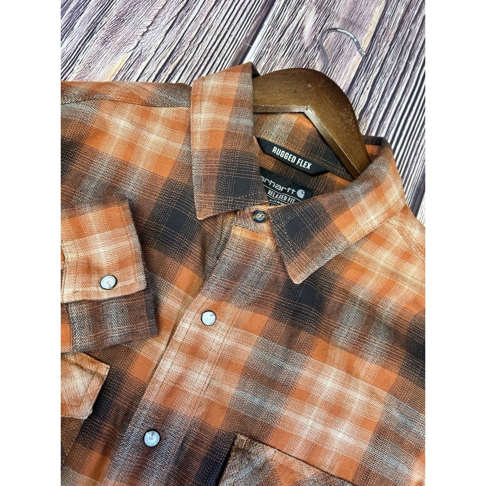 Carhartt Rugged Flex Relaxed Fit Long Sleeve Button Up Pearl‎ Snap Mens L Orange